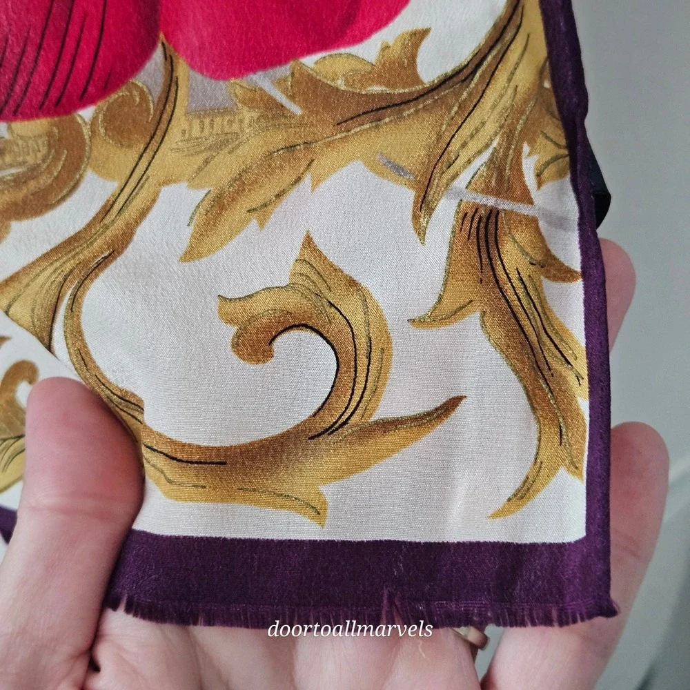 Vintage Oscar de la Renta Silk Scarf Floral Baroque Crepe de Chine Metallic Gold - Picture 6 of 11